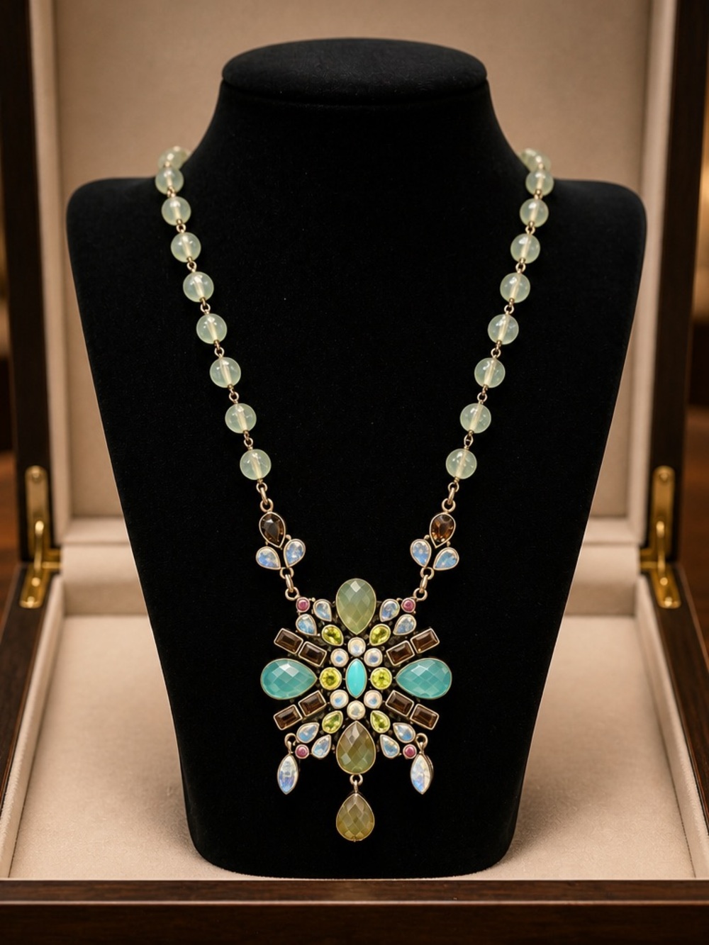Nicky Butler Gold-Tone Multicolor and Light Green Gem stones Statement Necklace